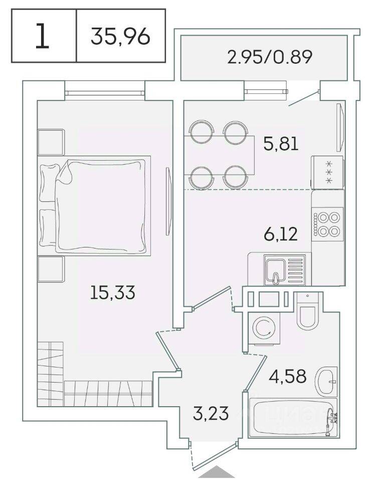 1-комн. квартира, 35 м², в ЖК «Lampo»
