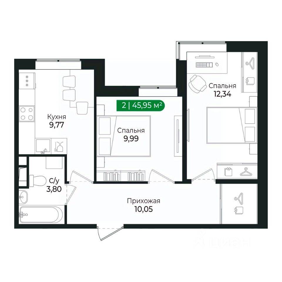 2-комн. квартира, 46,3 м², в ЖК Sertolovo Park
