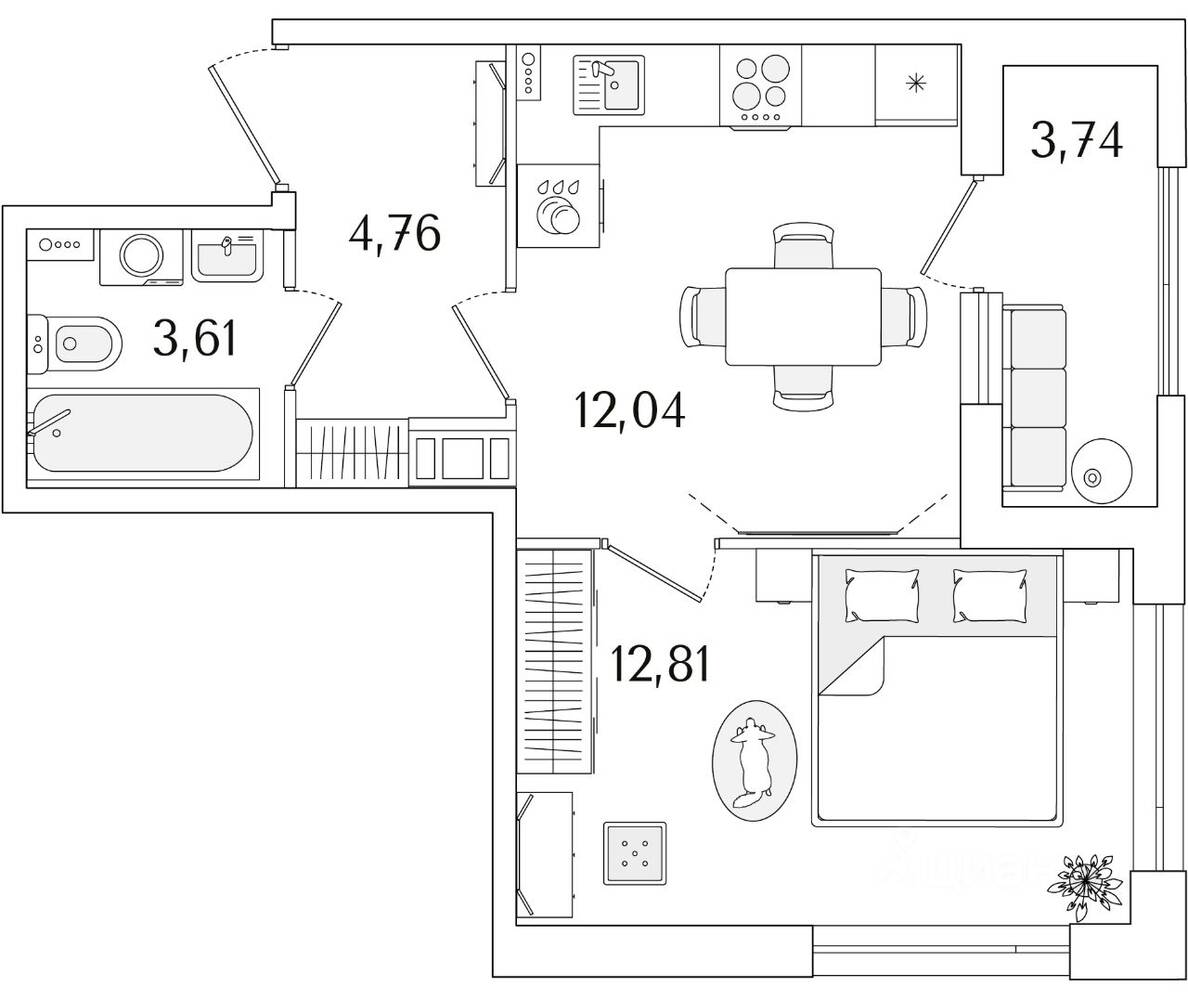 1-комн. квартира, 35,09 м², в ЖК «Гранат»