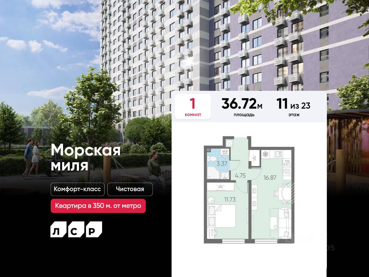 1-комн. квартира, 36,72 м², в ЖК Морская миля