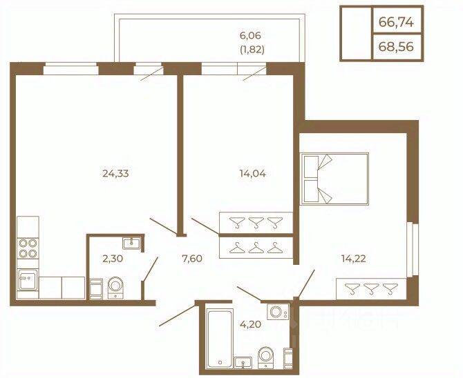 2-комн. квартира, 68,56 м², в Малоэтажный ЖК Новая история