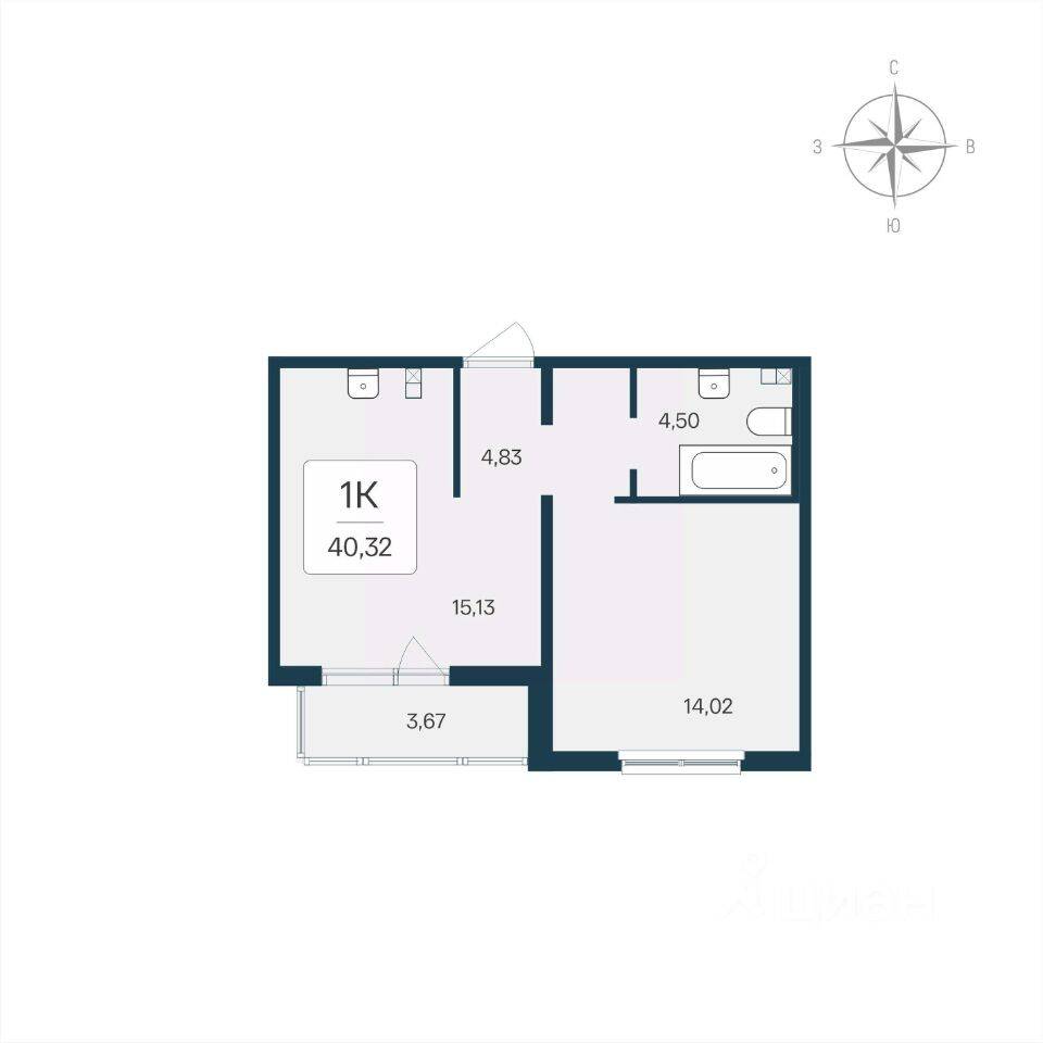 Планировка 1 комнатной квартиры, 40.32 м², в «Расцветай в Янино»