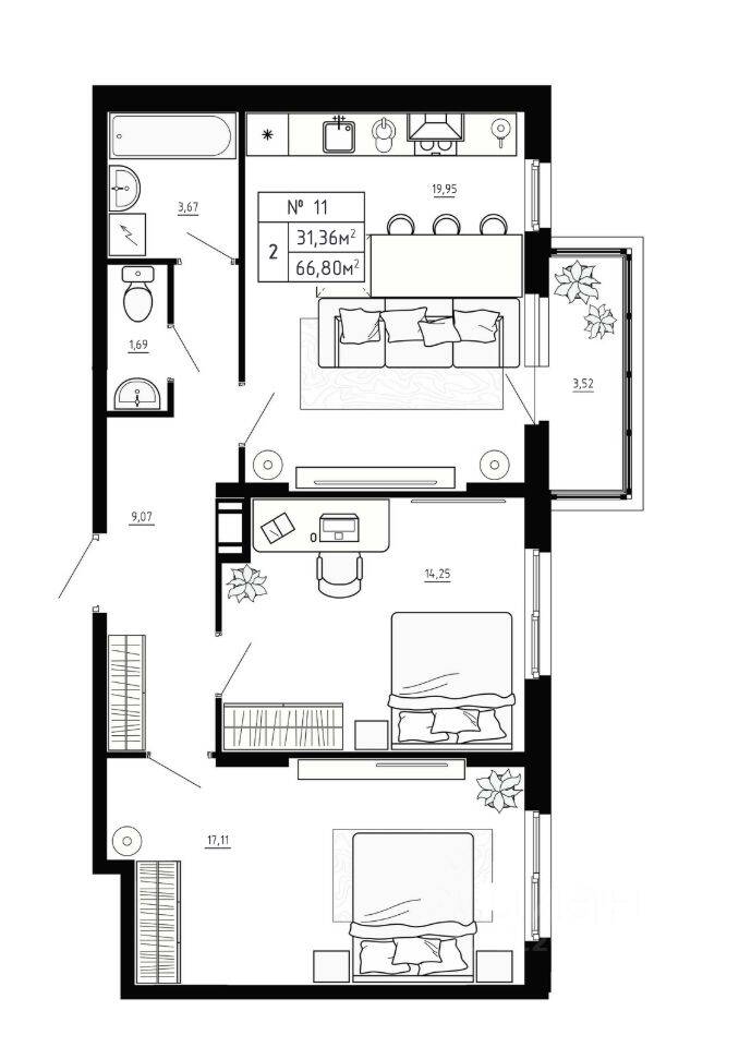 2-комн. квартира, 66,8 м², в Малоэтажный ЖК Аннино Сити