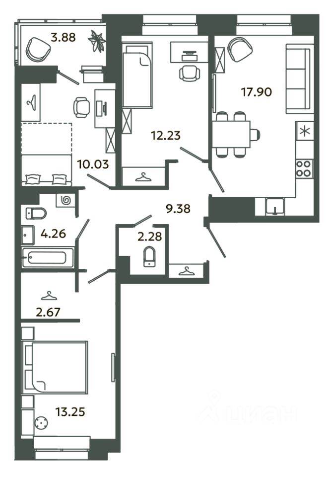 3-комн. квартира, 72 м², в ЖК Загляденье