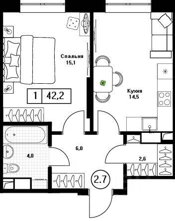 1-комн. квартира, 42,2 м², в ЖК Пушкино Град