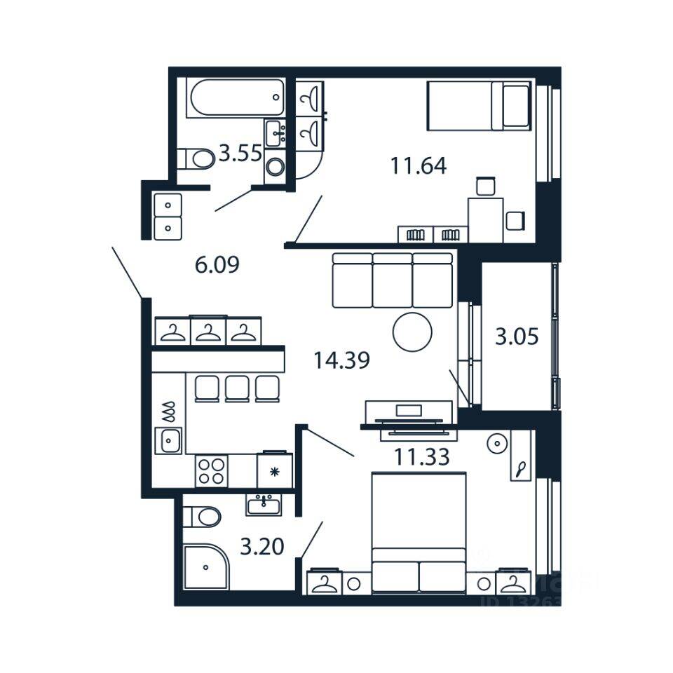 2-комн. квартира, 51,73 м², в ЖК Полис Новоселье