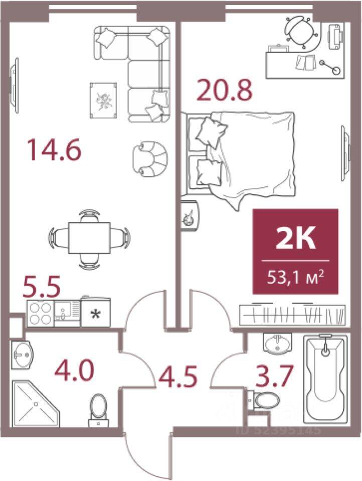 Планировка 2 комнатной квартиры, 53.1 м², в «Legacy»
