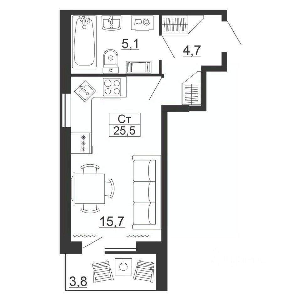 Планировка 1 комнатной квартиры, 25.5 м², в «Рубеж»