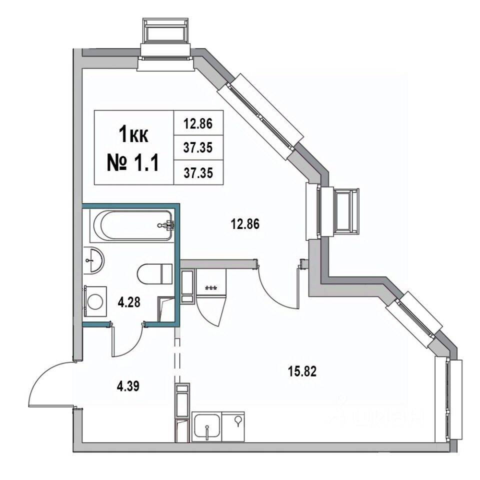 1-комн. квартира, 37,35 м², в ЖК «Новый город» (Выборг)