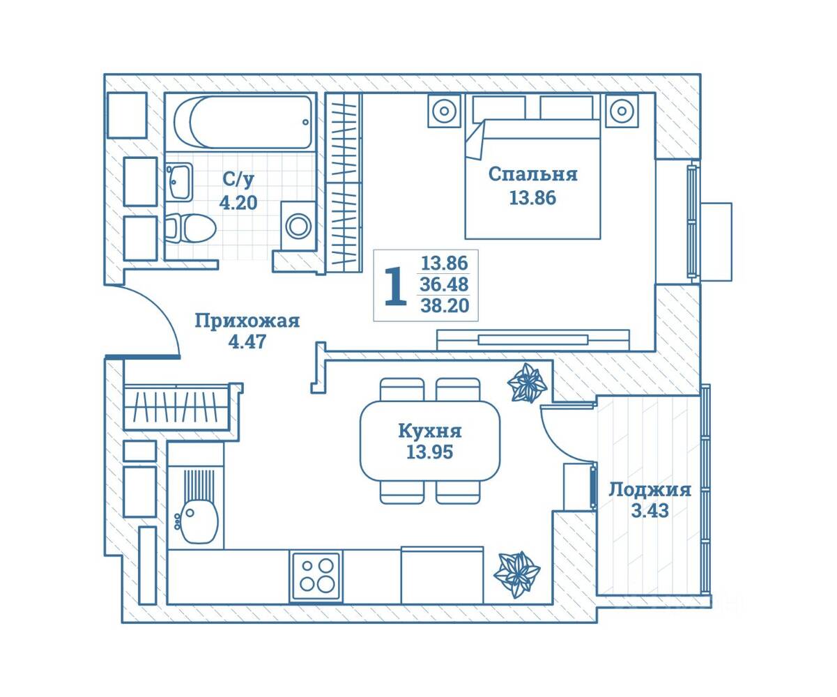1-комн. квартира, 38,2 м², в ЖК Новоград Монино