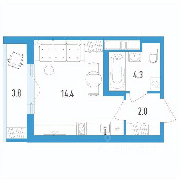 Планировка 1 комнатной квартиры, 23.4 м², в «Aerocity 4»