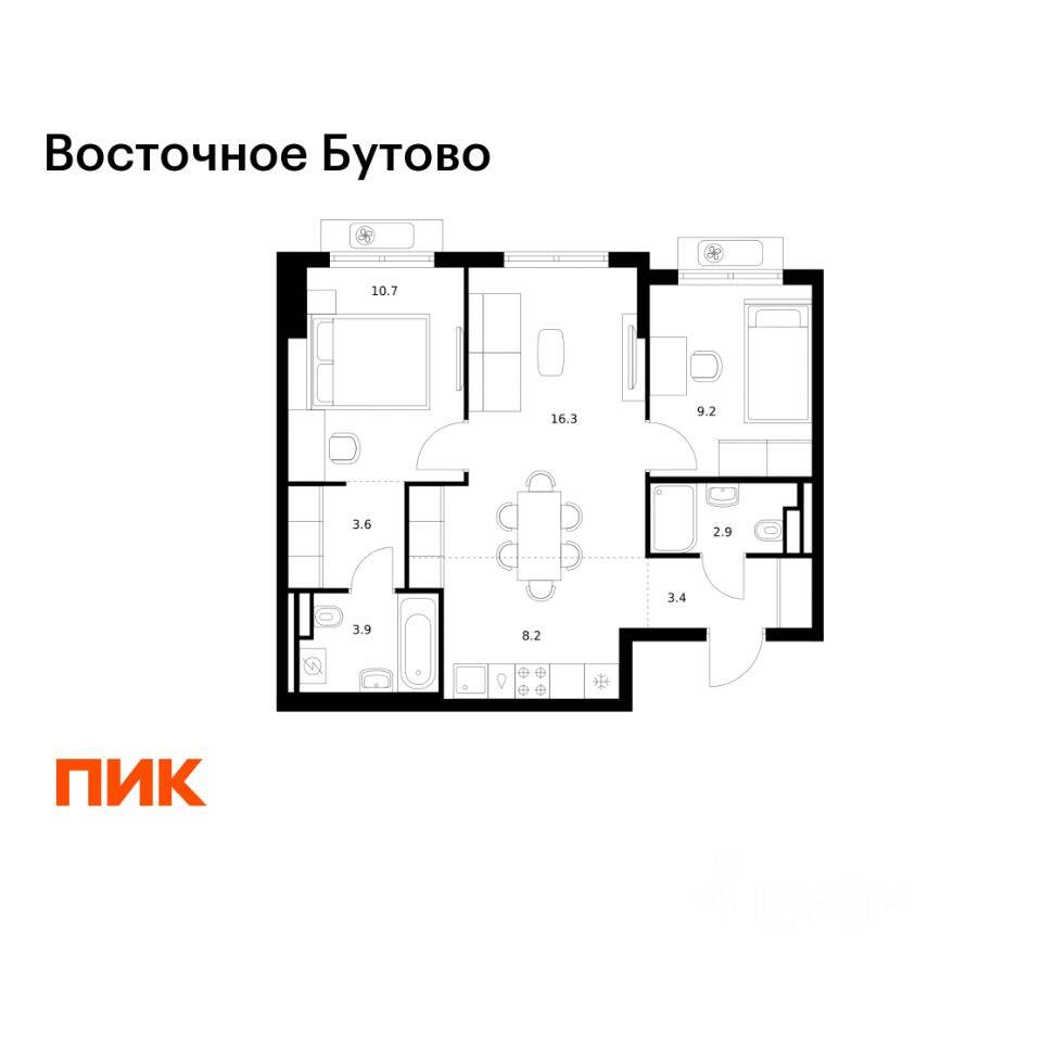 2-комн. квартира, 58,2 м², в ЖК «Восточное Бутово»