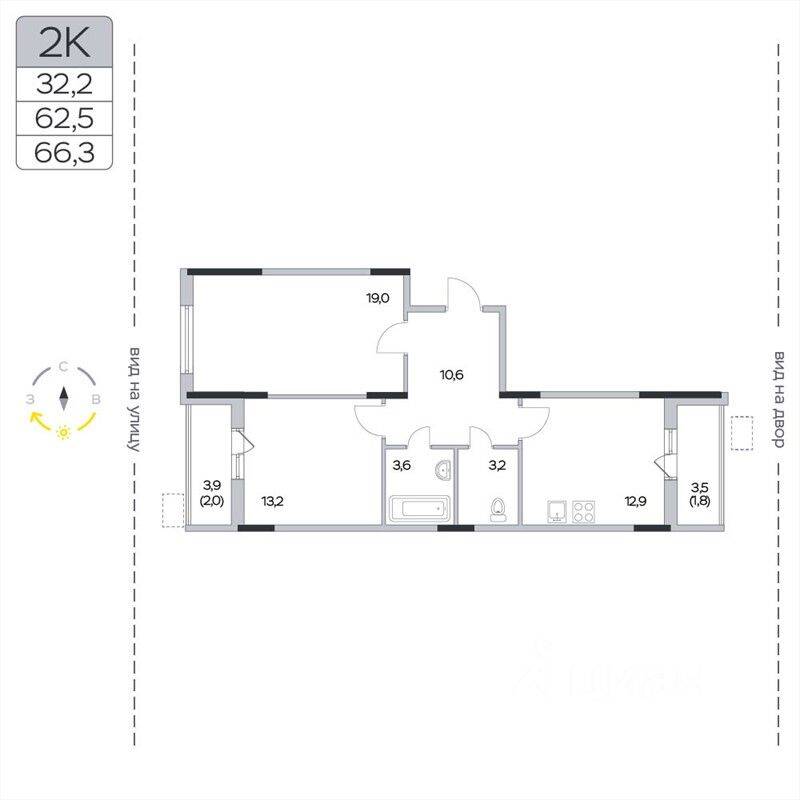 2-комн. квартира, 66,3 м², в ЖК «Пироговская Ривьера»