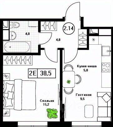 2-комн. квартира, 38,5 м², в ЖК Пушкино Град