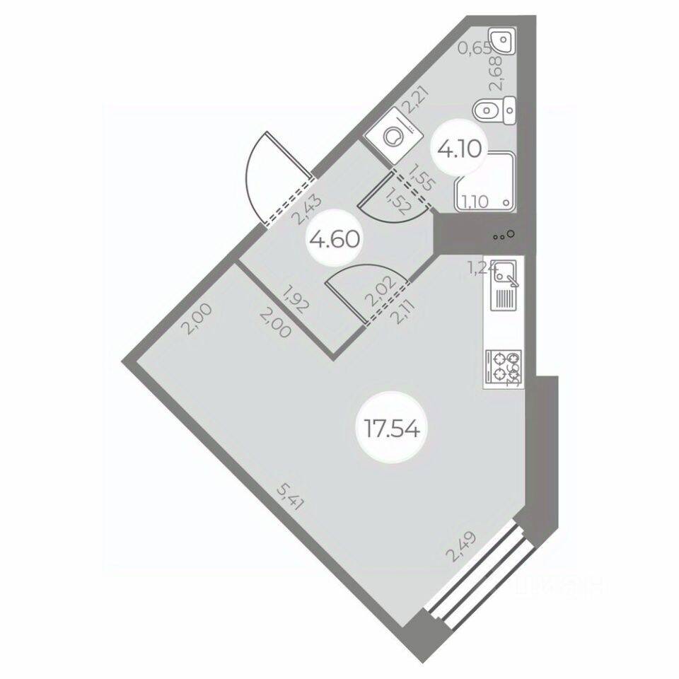 Планировка 1 комнатной квартиры, 26.24 м², в «Огни Залива»