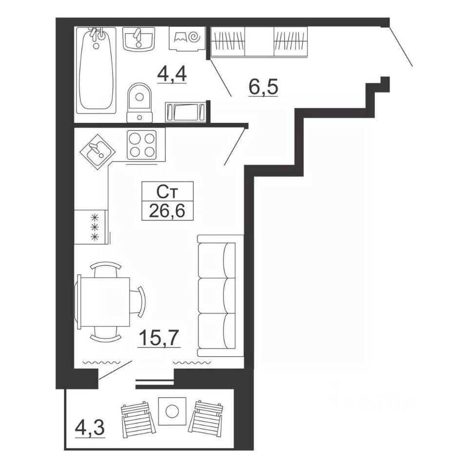 Планировка 1 комнатной квартиры, 26.6 м², в «Рубеж»