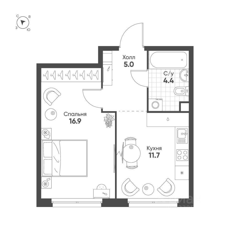 Планировка 1 комнатной квартиры, 38 м², в «Жилой квартал Shagal»