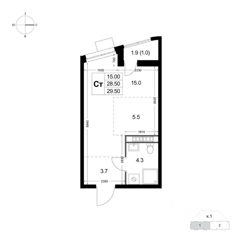 Квартира-студия, 29,6 м², в ЖК «Легенда Коренево»