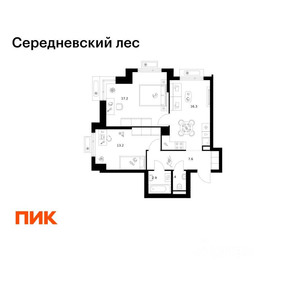 2-комн. квартира, 58,6 м², в ЖК Середневский лес
