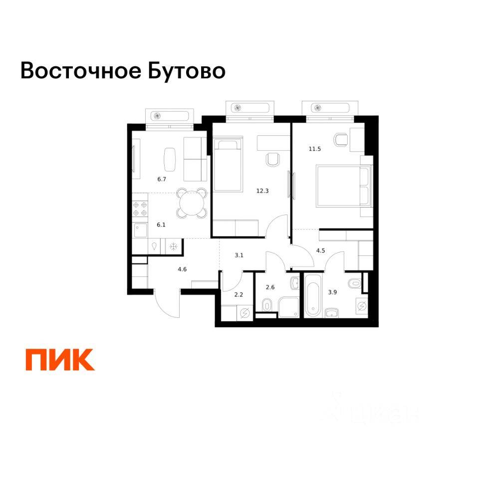 2-комн. квартира, 57,5 м², в ЖК «Восточное Бутово»