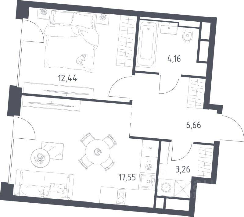 1-комн. квартира, 44,07 м², в ЖК Квартал на воде