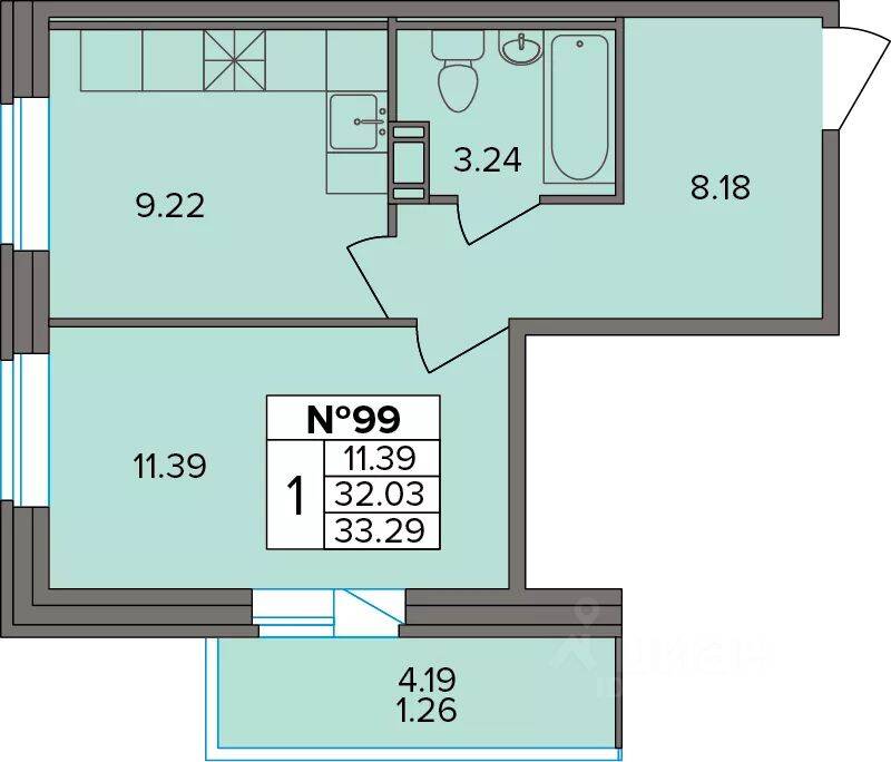 1-комн. квартира, 33,29 м², в ЖК Капральский