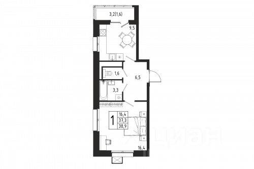 Планировка 1 комнатной квартиры, 38.9 м², в «Берег»