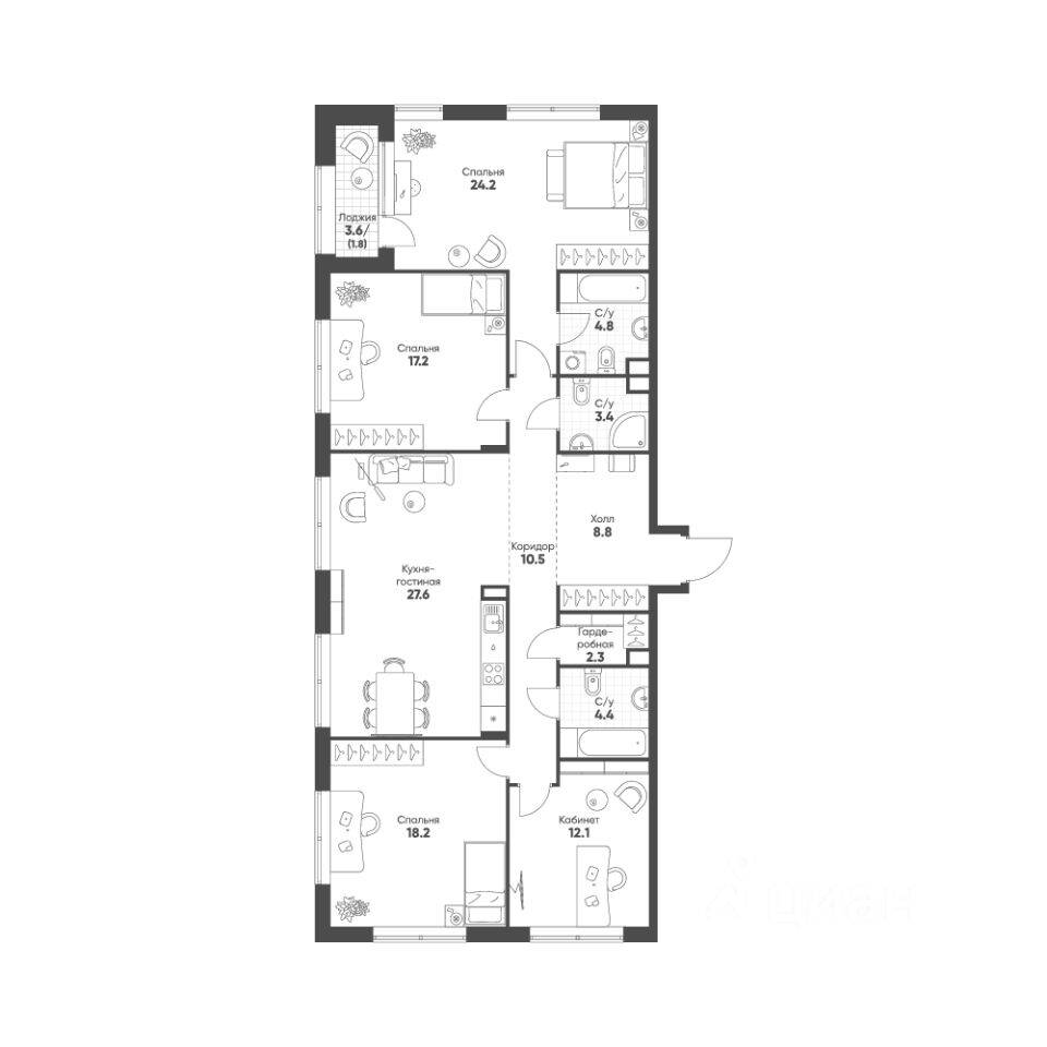 4-комн. квартира, 135,3 м², в ЖК Жилой квартал Shagal