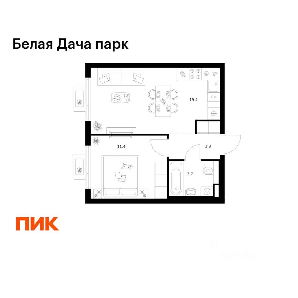 1-комн. квартира, 38,3 м², в ЖК «Белая Дача парк»