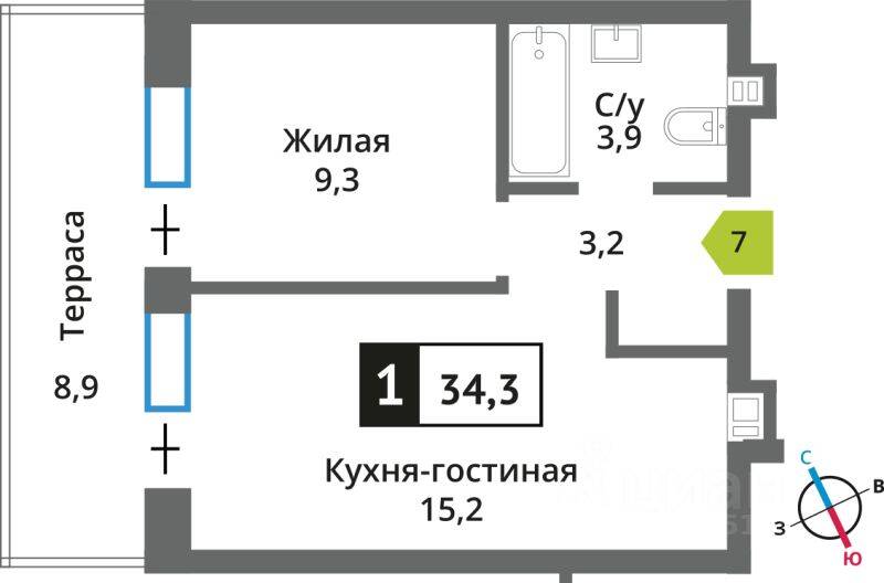 Планировка 1 комнатной квартиры, 34.3 м², в «Никольский квартал Отрада»