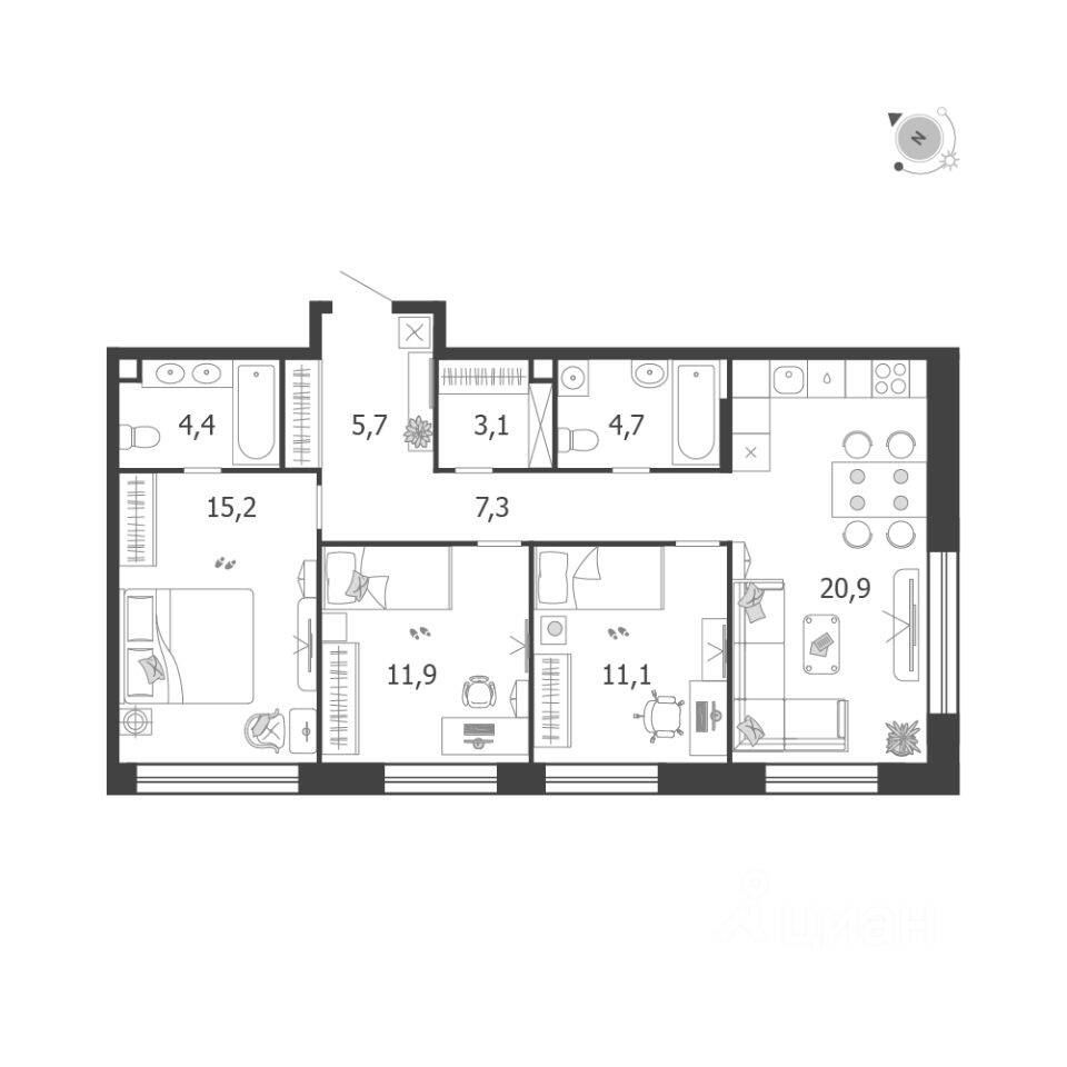 3-комн. квартира, 84,3 м², в ЖК Жилой квартал Shagal