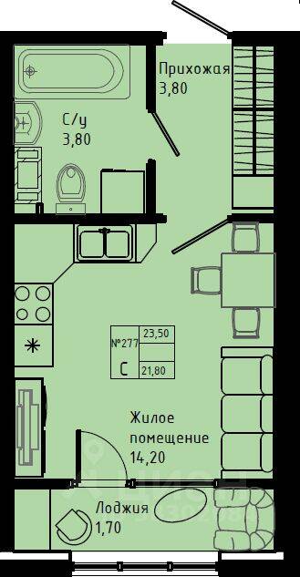 Планировка 1 комнатной квартиры, 23.5 м², в «Pixel»
