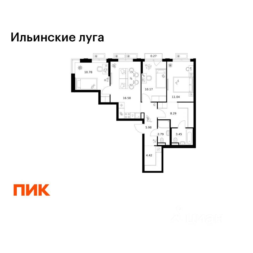 3-комн. квартира, 73,77 м², в ЖК «Ильинские луга»