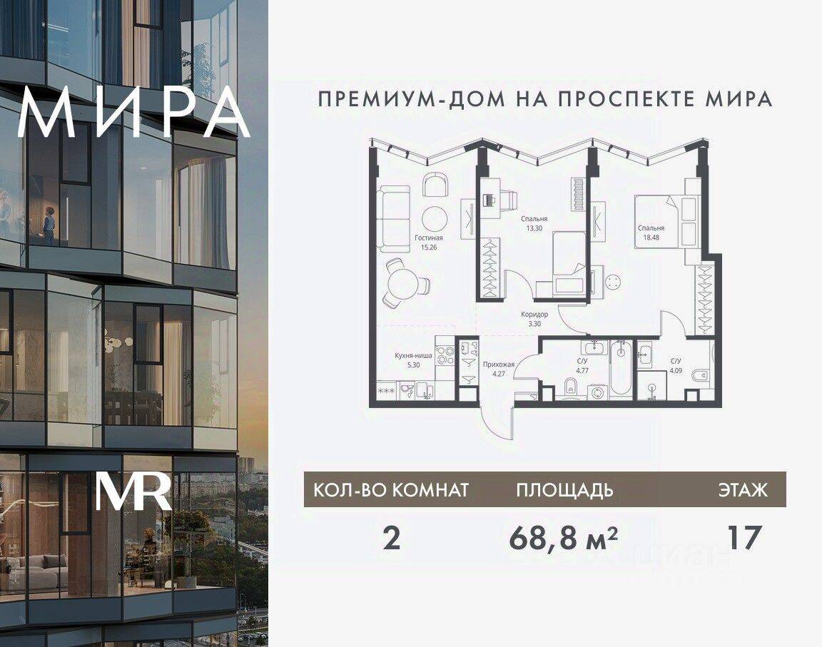 2-комн. квартира, 68,77 м², в ЖК МИRА