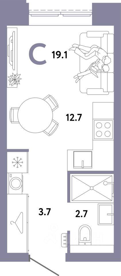 Квартира-студия, 19,1 м², в ЖК Страна.Заречная