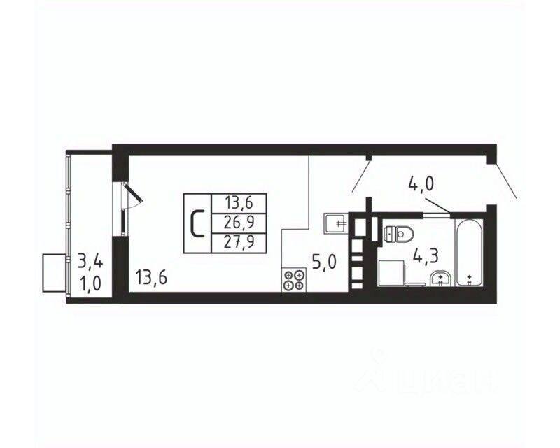 Квартира-студия, 27,9 м², в ЖК «Пироговская Ривьера»
