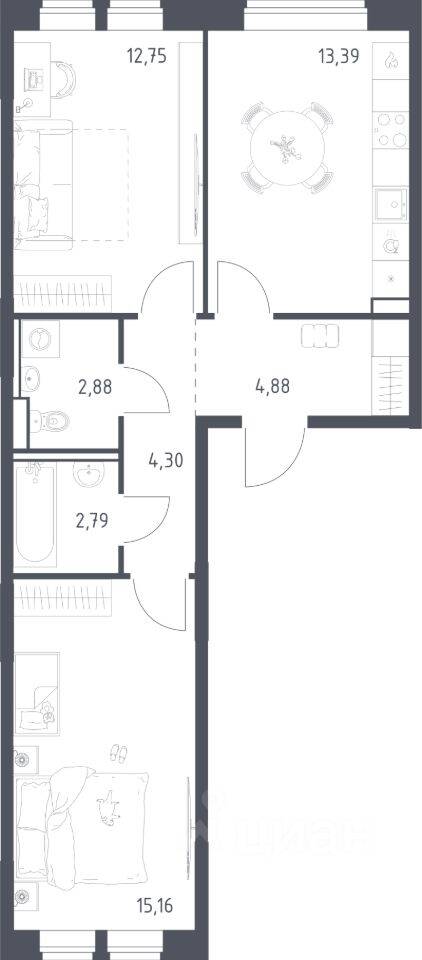 2-комн. квартира, 56,15 м², в ЖК «Пригород Лесное»