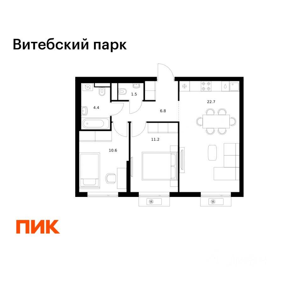 2-комн. квартира, 57,2 м², в ЖК Витебский парк