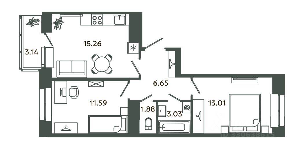 2-комн. квартира, 51,42 м², в ЖК Загляденье