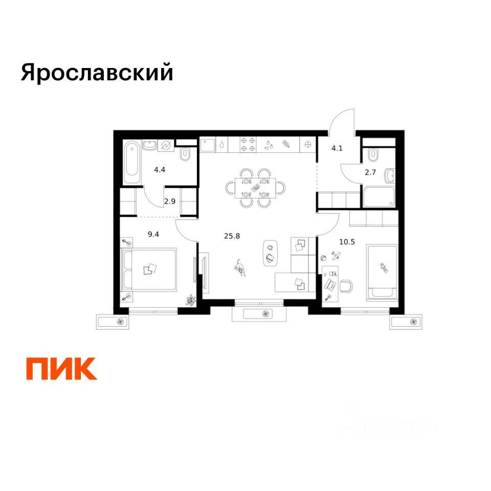 2-комн. квартира, 59,8 м², в ЖК «Ярославский»
