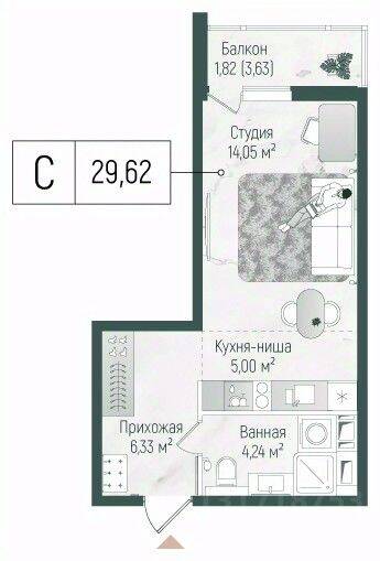 Квартира-студия, 31,44 м², в ЖК Riga Hills