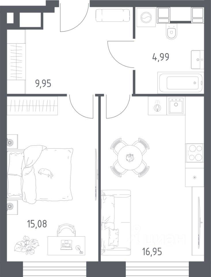 1-комн. квартира, 46,97 м², в Апарт-комплекс Пятницкое 58