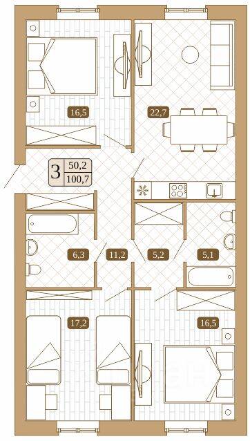 Планировка 3 комнатной квартиры, 100.7 м², в «Белый город (Сергиев Посад)»