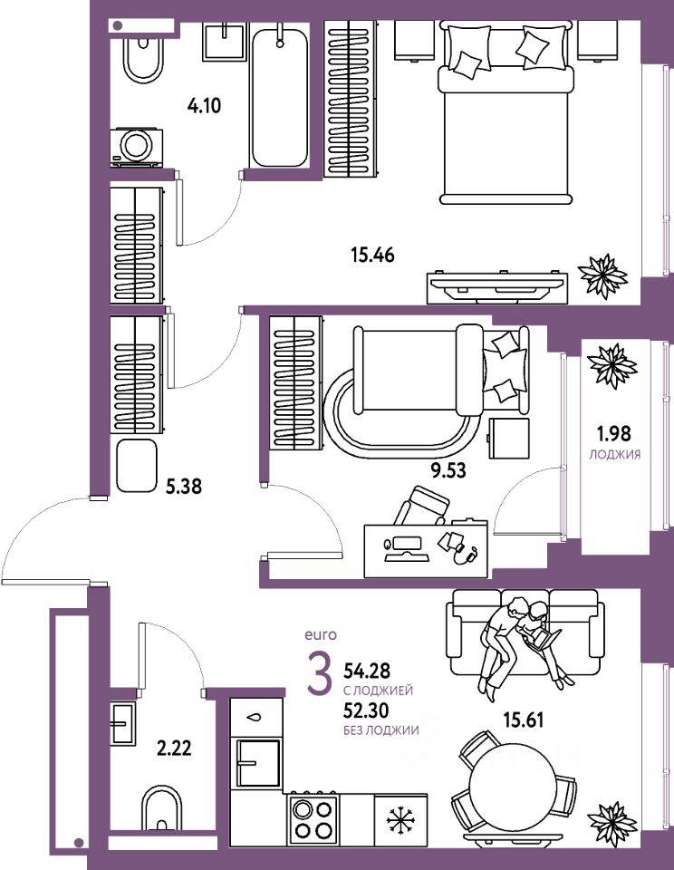3-комн. квартира, 54,28 м², в ЖК Страна.Парковая