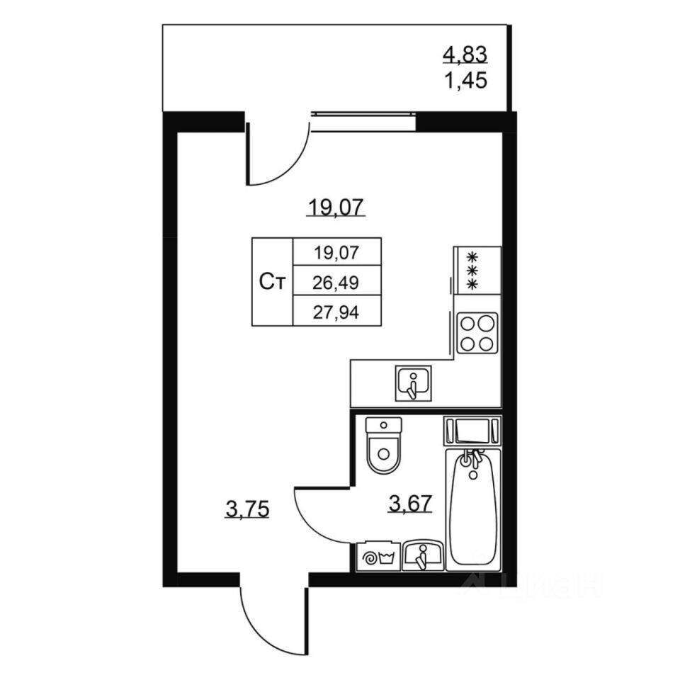 Квартира-студия, 27,94 м², в ЖК Перспектива