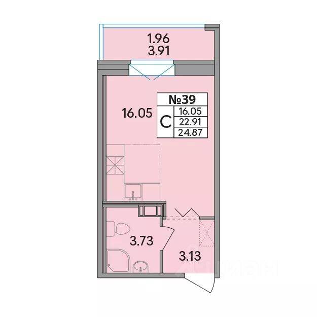 Планировка 1 комнатной квартиры, 24.87 м², в «Рождественский квартал»