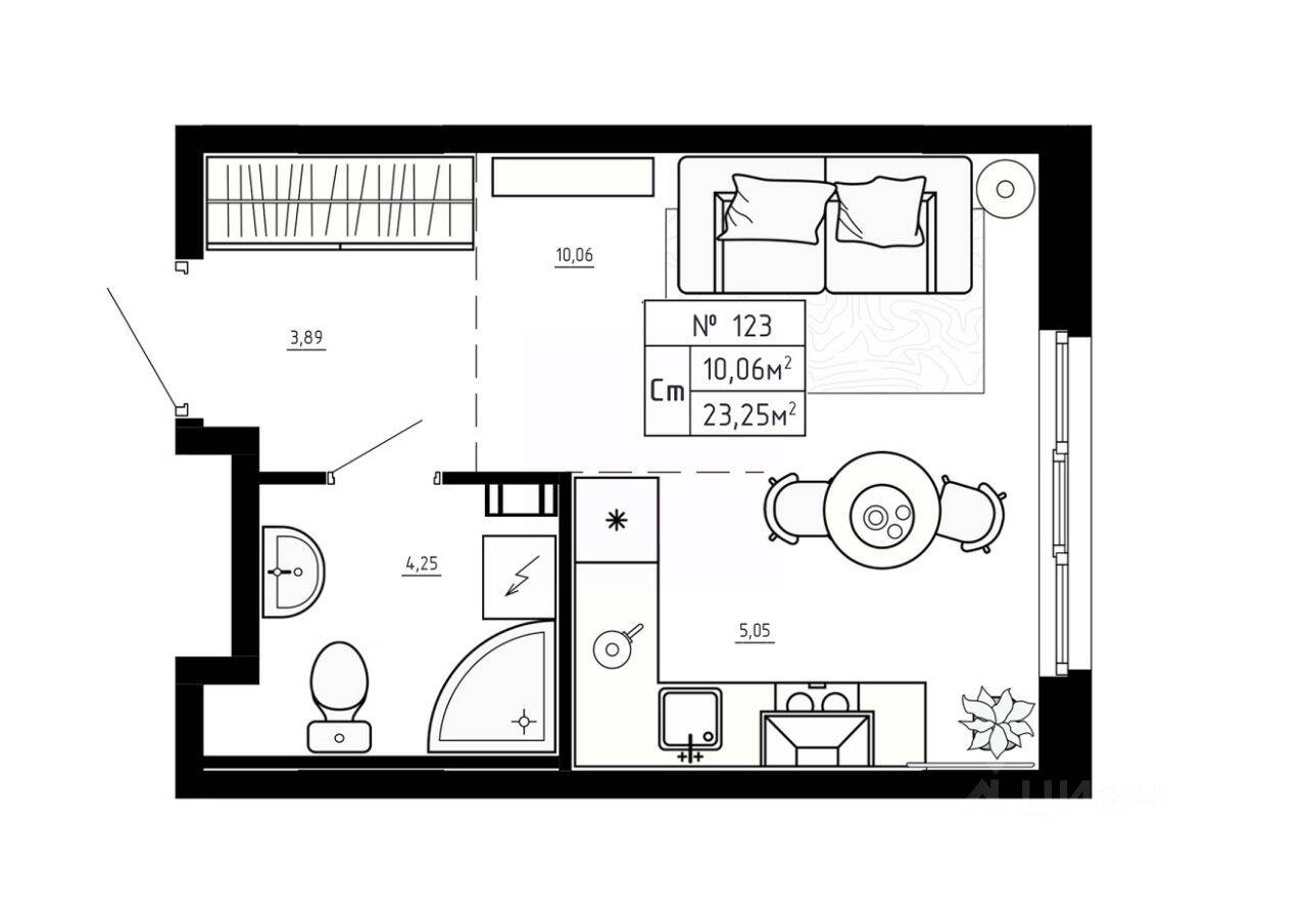 Планировка 1 комнатной квартиры, 23.25 м², в «Аннино Сити»