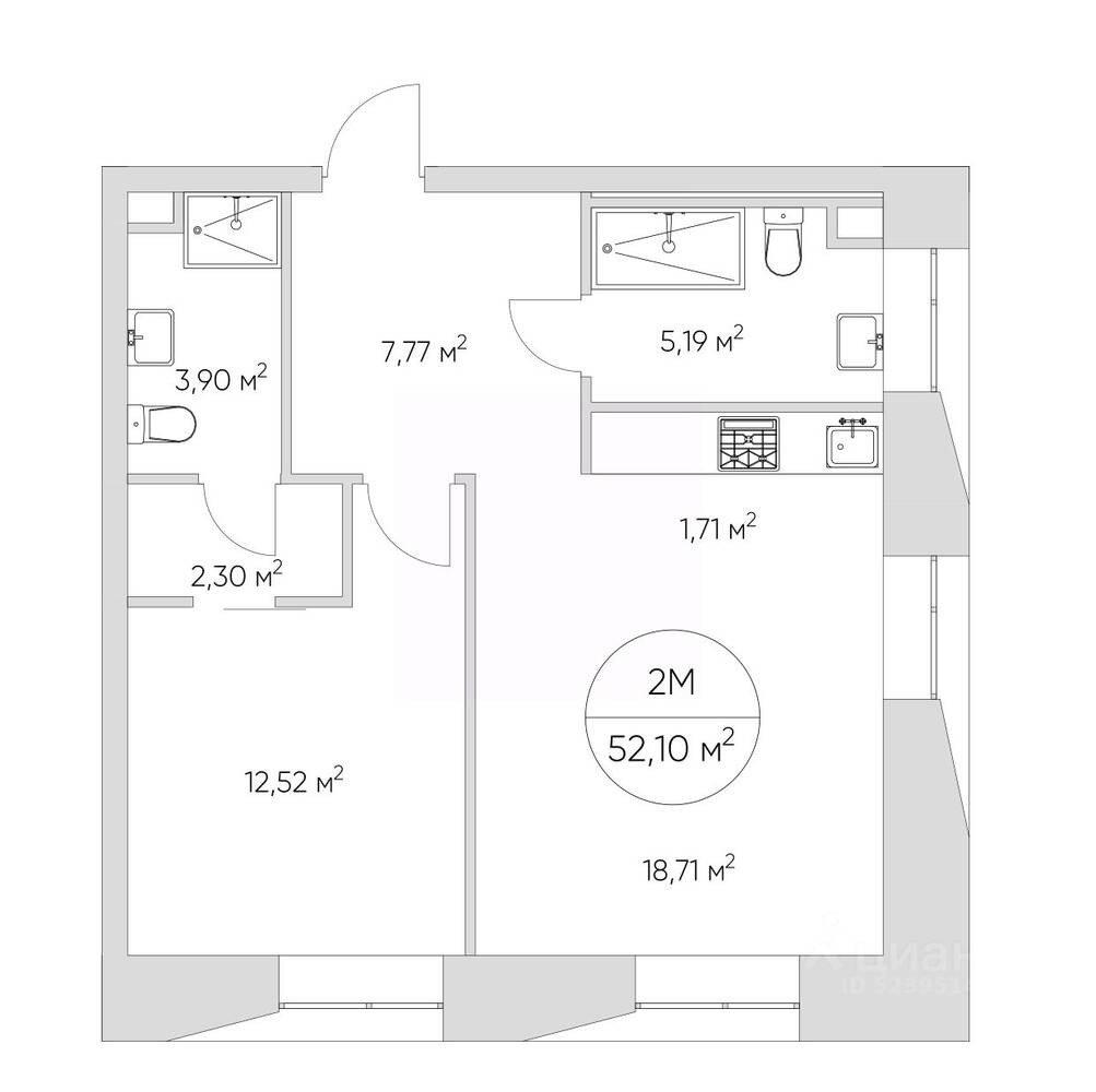 2-комн. квартира, 55,5 м², в Апарт-комплекс N'ice loft