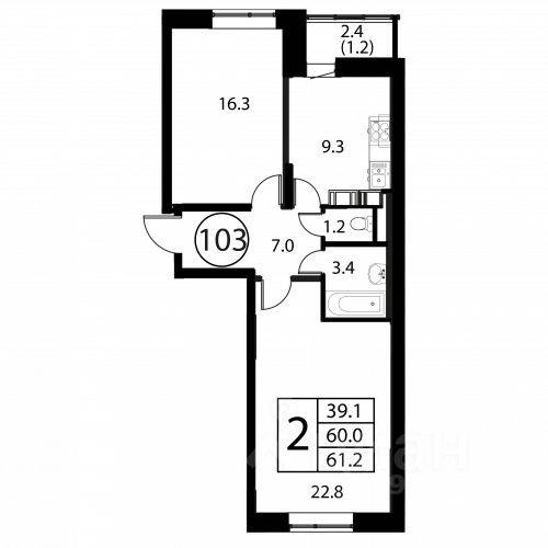 2-комн. квартира, 61,2 м², в ЖК Космос