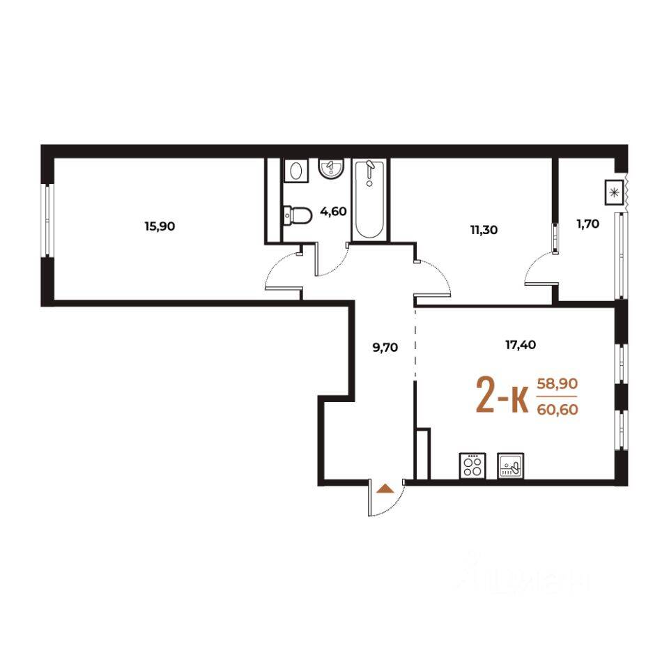 2-комн. квартира, 59,1 м², в ЖК Новое Летово